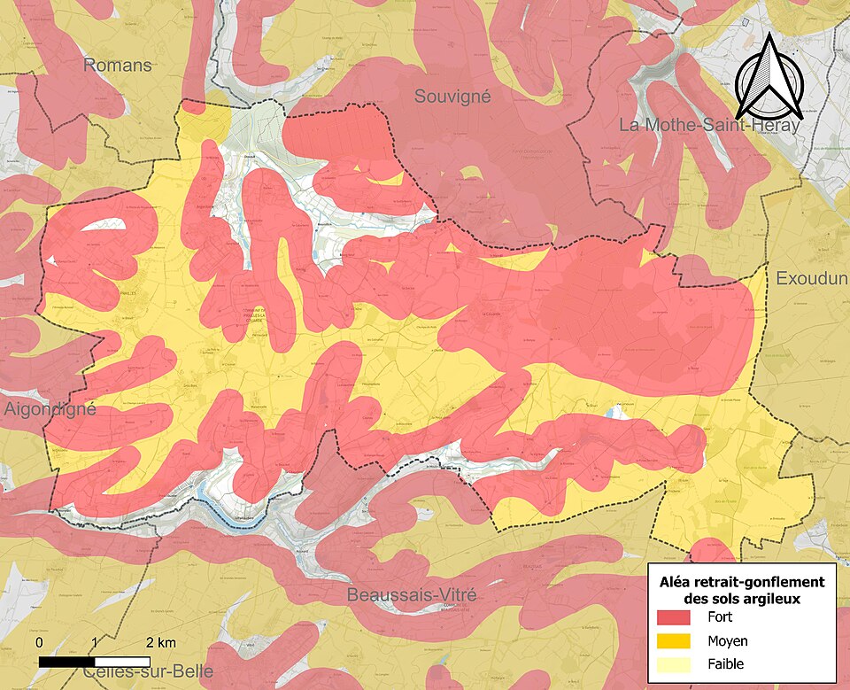 Carte des zones d'aléa retrait-gonflement des sols argileux de Prailles-La Couarde.